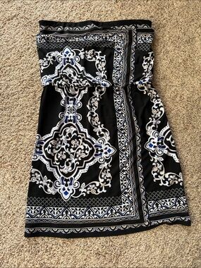 White House Black Market Black Strapless Dress with White & Blue Print